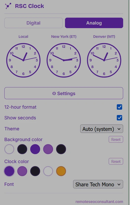 RSC Clock — Browser Toolbar Clock Extension settings panel open, showing theme, color, and font customization options
