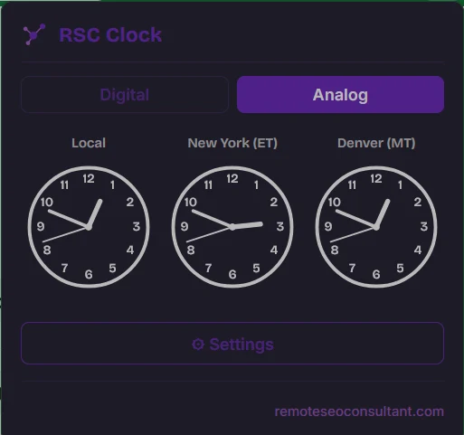 RSC Clock — Browser Toolbar Clock Extension analog clock view with fully numbered clock faces, all 12 numbers shown