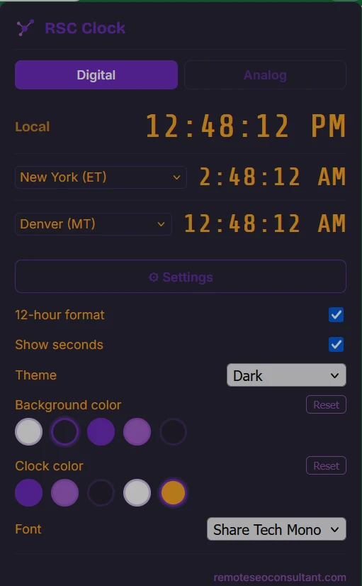 RSC Clock — Browser Toolbar Clock Extension popup in dark theme with custom purple accent colors