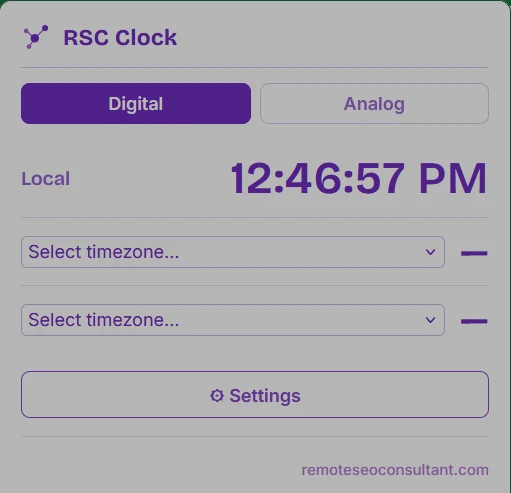 RSC Clock — Browser Toolbar Clock Extension popup in light theme, showing the digital view
