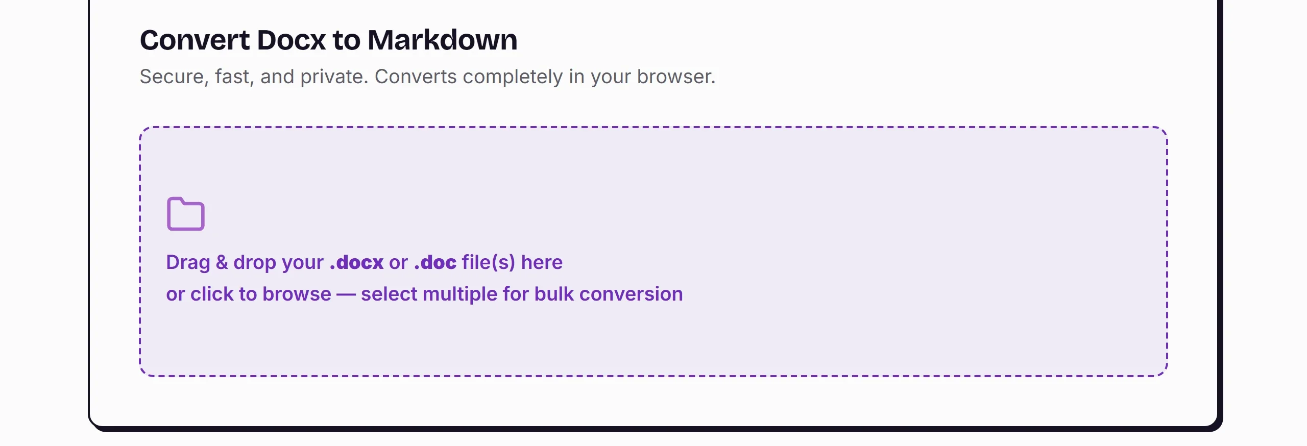 Docx to Markdown Converter drop zone — accepts multiple .docx and .doc files for bulk conversion