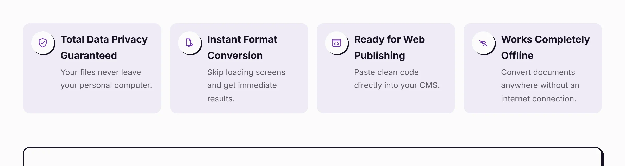 Docx to Markdown Converter privacy and speed feature badges — total data privacy, instant conversion, offline support