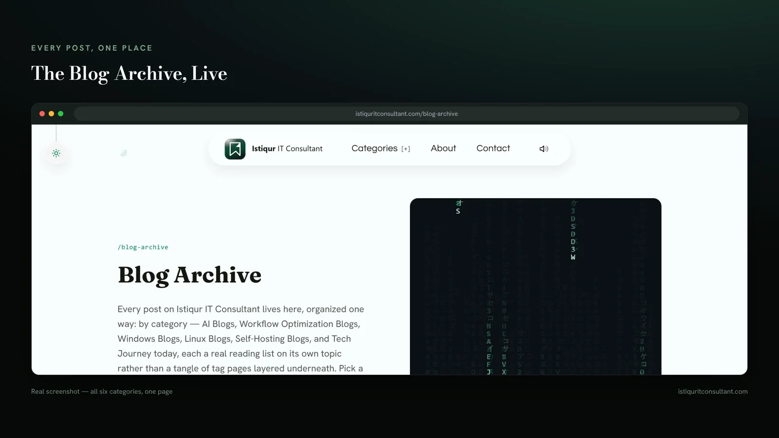istiquritconsultant.com blog archive — real screenshot showing all six categories organized on one page