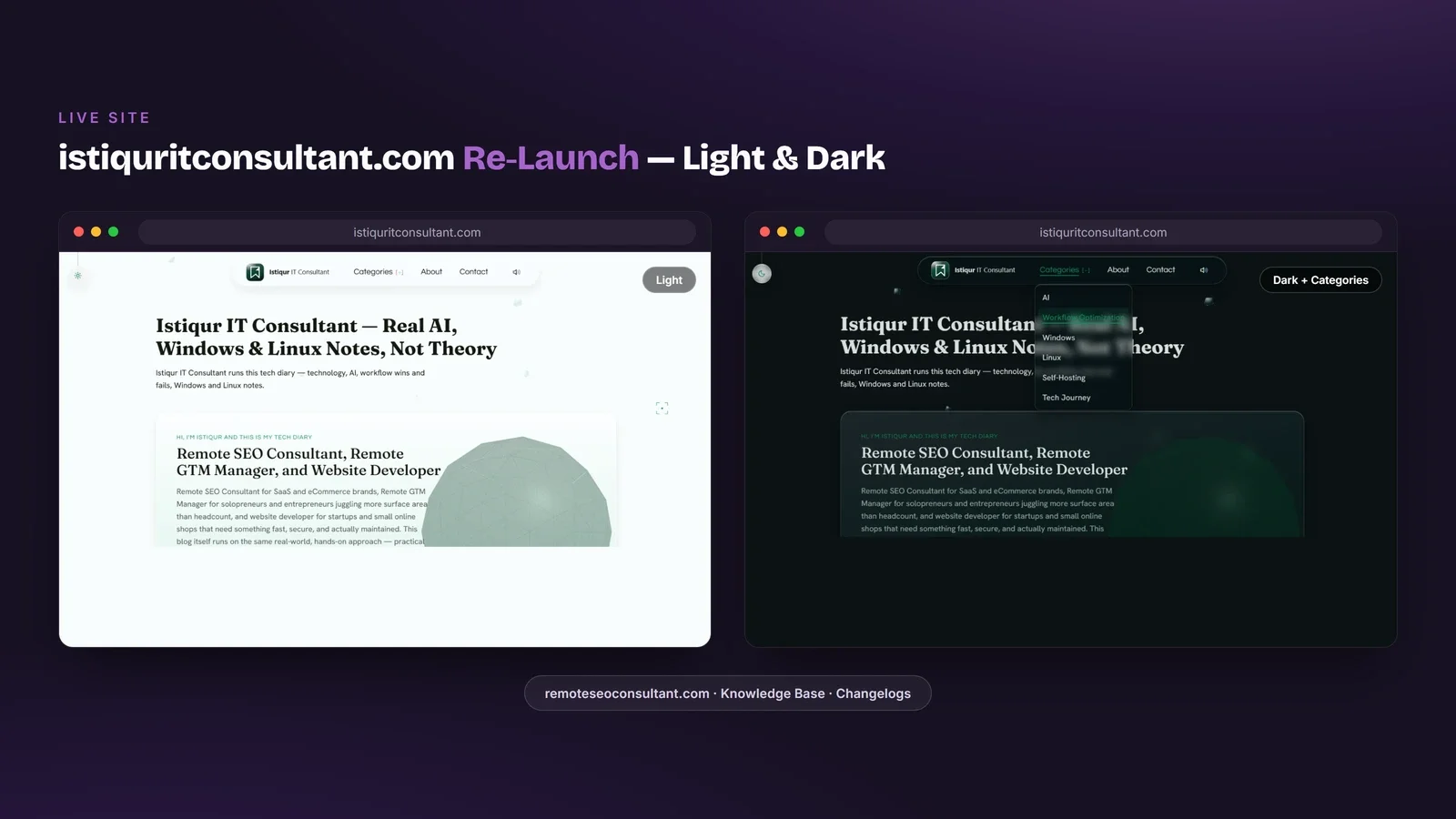 istiquritconsultant.com re-launch — real homepage screenshots in light mode and dark mode with the Categories menu open